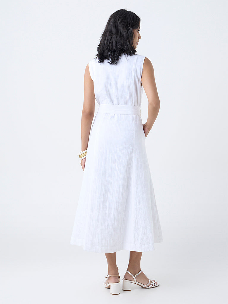 LOV White Crinkle-Textured Cotton Shirt Dress