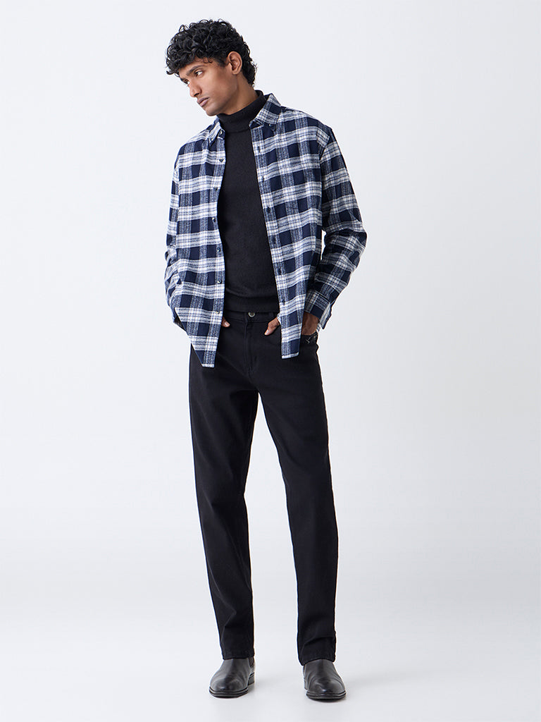 WES Casuals Navy Check Design Relaxed-Fit Cotton Shirt