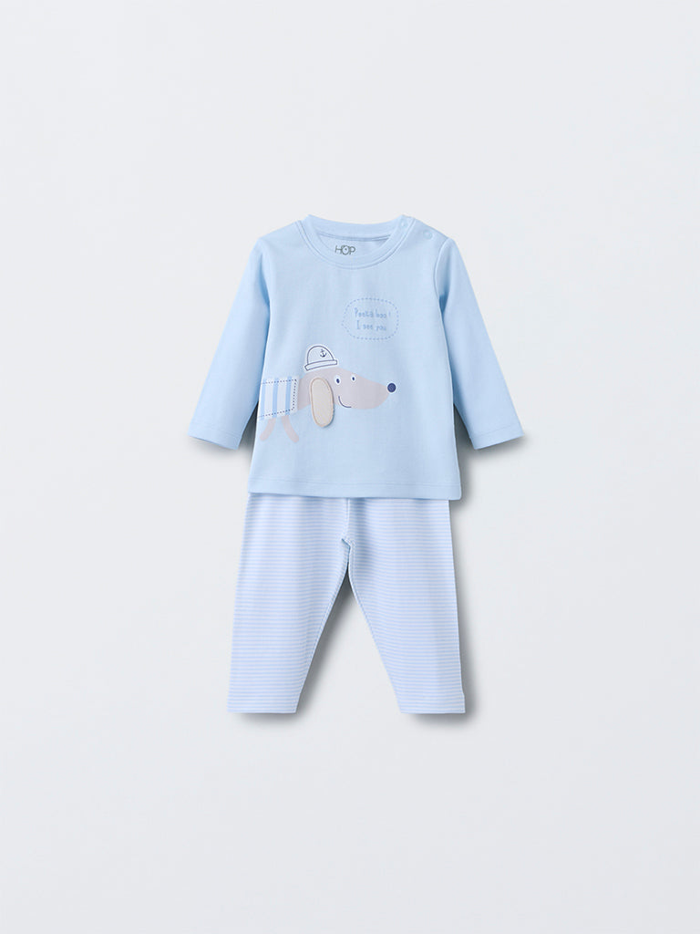 HOP Baby Blue Animal Pattern Cotton T-Shirt with Pants Set