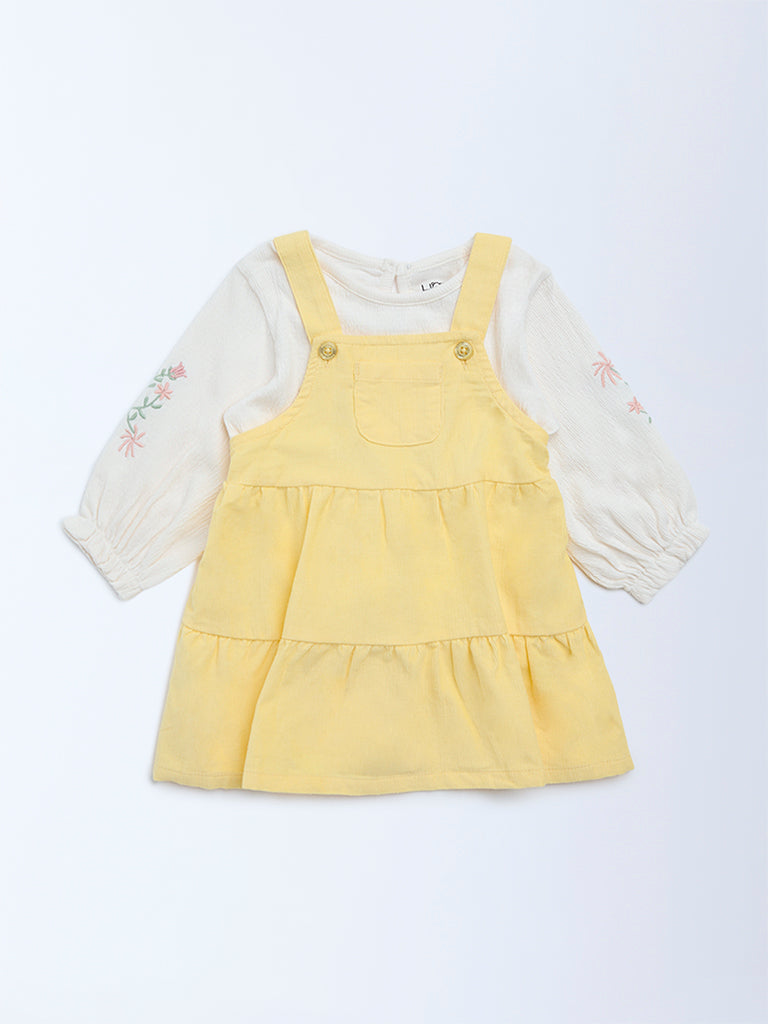 HOP Baby Girls Yellow Cotton Pinafore and Top Set