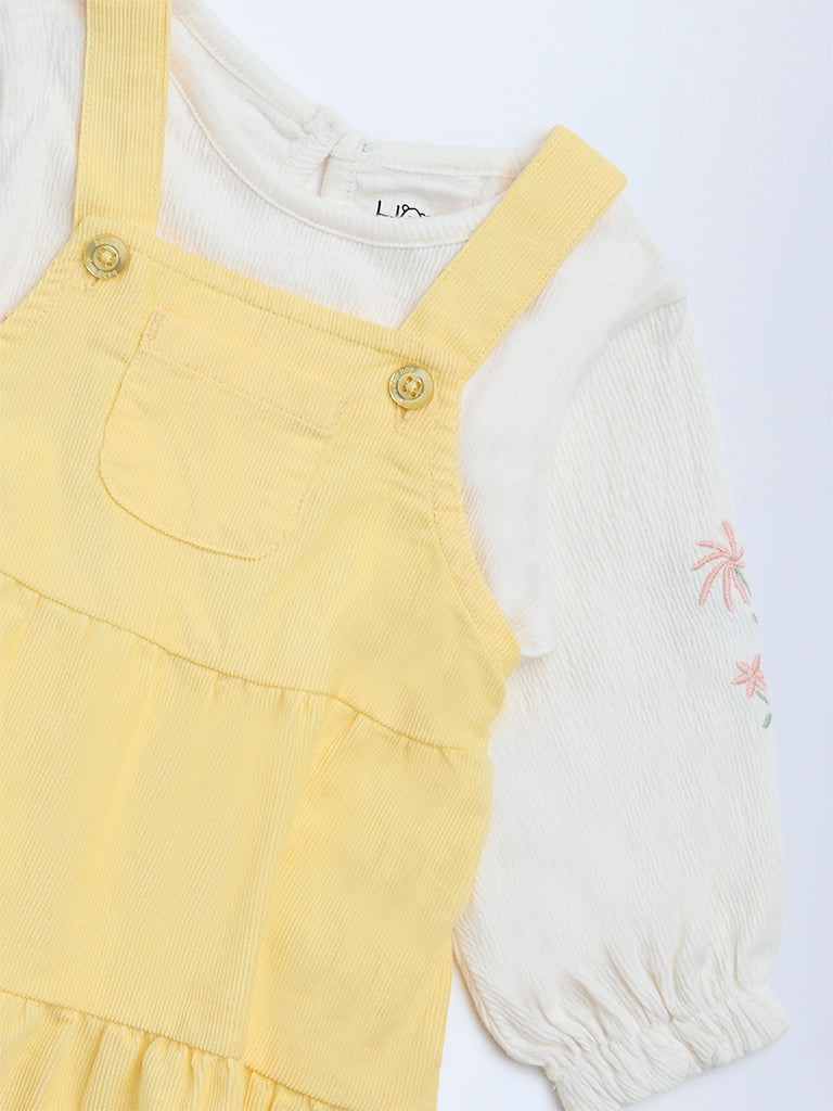 HOP Baby Girls Yellow Cotton Pinafore and Top Set