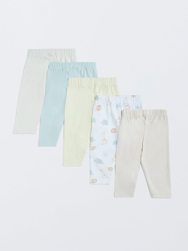 HOP Baby Multicolour Printed Mid-Rise Cotton Pants - Pack of 5
