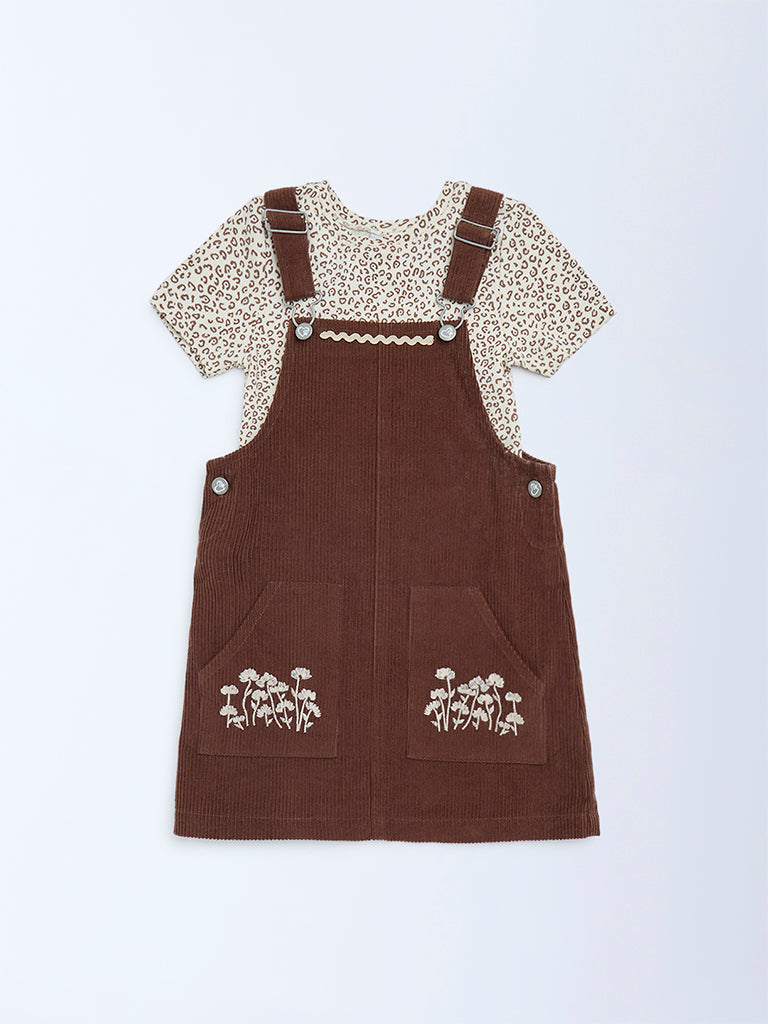 Buy HOP Kids Girls Dark Brown Corduroy Pinafore with T-Shirt Set from  Westside