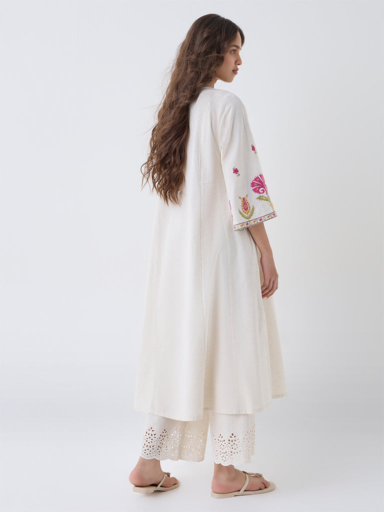 Utsa Off-White Embroidered Cotton-Blend A-Line Kurta