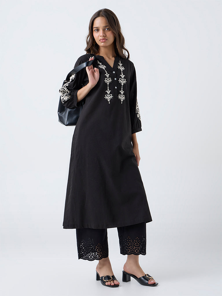 Utsa Black Embroidered Cotton A-Line Kurta