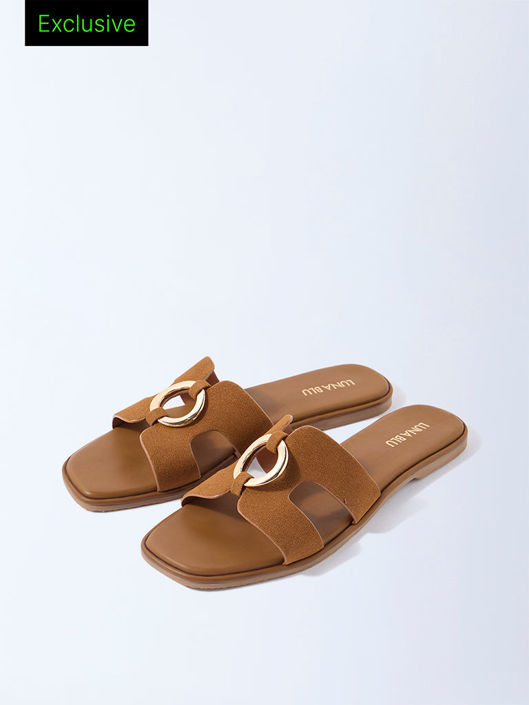 LUNA BLU Tan Hardware-Detailed Suede Slides - Exclusive