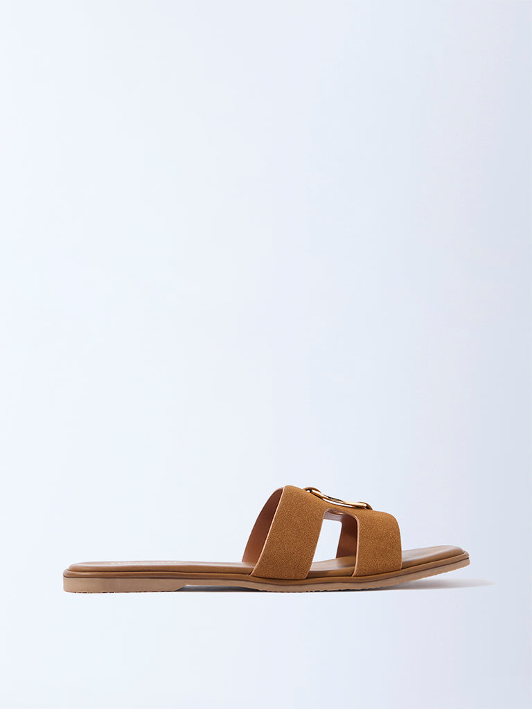 LUNA BLU Tan Hardware-Detailed Suede Slides - Exclusive