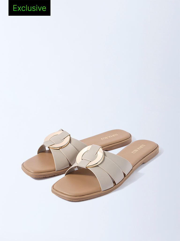 LUNA BLU Ivory Buckle-Detailed Slides - Exclusive