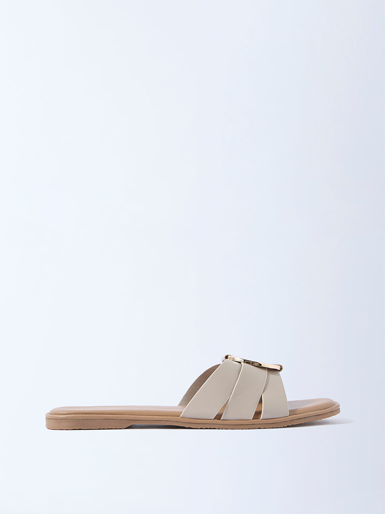 LUNA BLU Ivory Buckle-Detailed Slides - Exclusive
