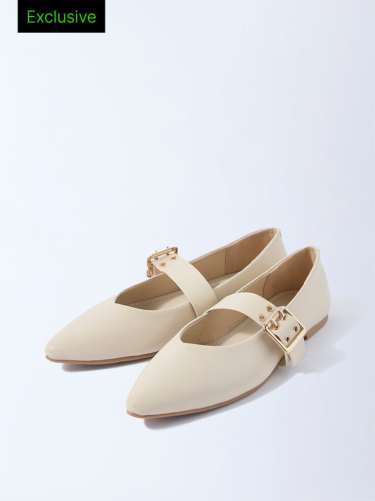 LUNA BLU Ivory Buckle-Detailed Mary Jane Shoes- Exclusive