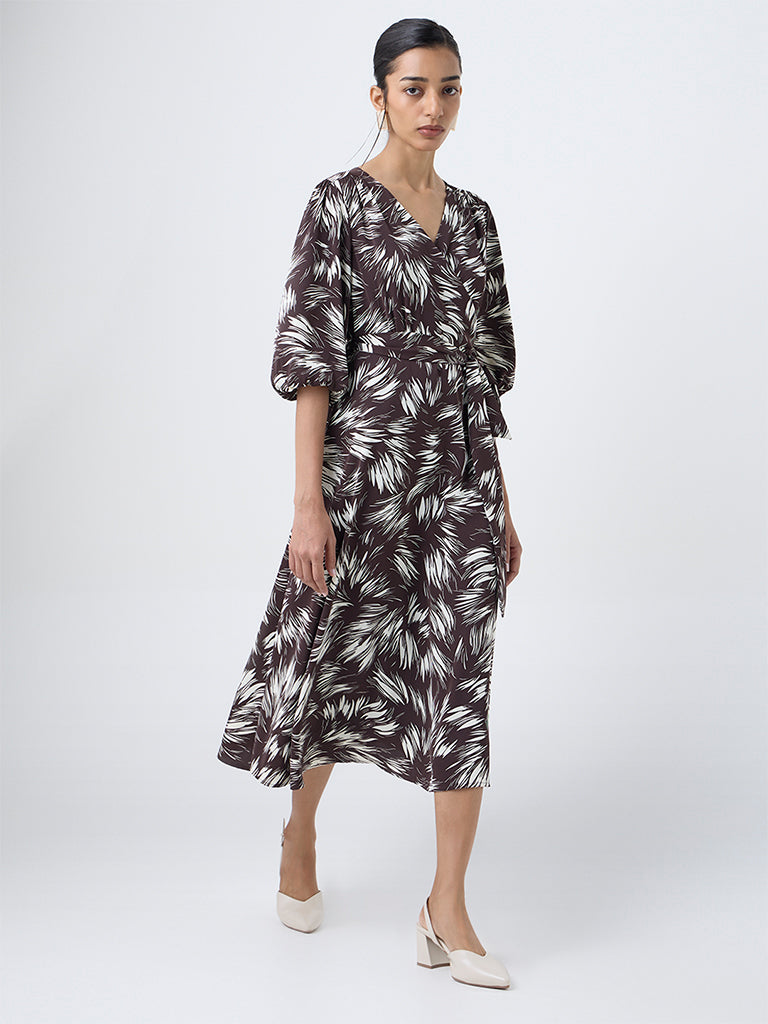 Wardrobe Dark Brown Printed Wrap-Style Dress with Belt