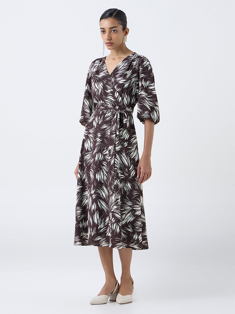 Wardrobe Dark Brown Printed Wrap-Style Dress with Belt