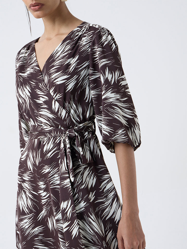 Wardrobe Dark Brown Printed Wrap-Style Dress with Belt