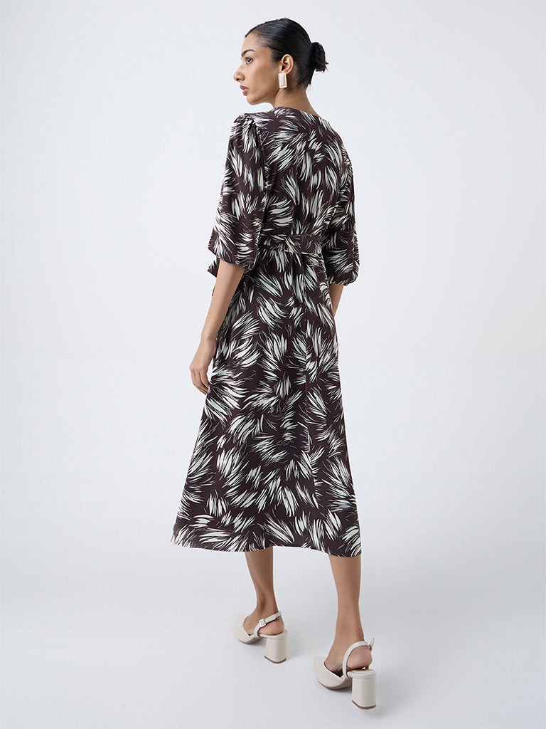 Wardrobe Dark Brown Printed Wrap-Style Dress with Belt