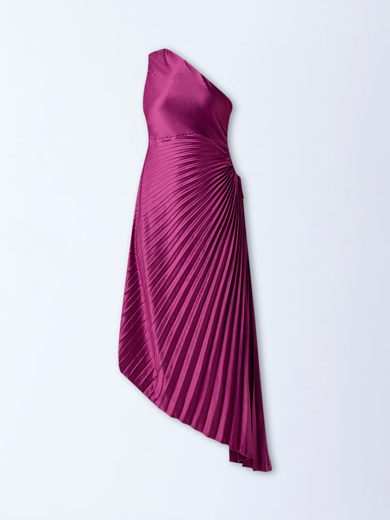 Wardrobe Magenta Pleated One-Shoulder Dress
