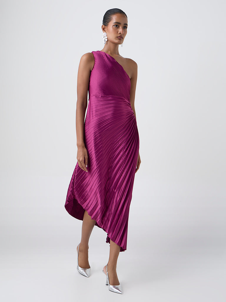 Wardrobe Magenta Pleated One-Shoulder Dress