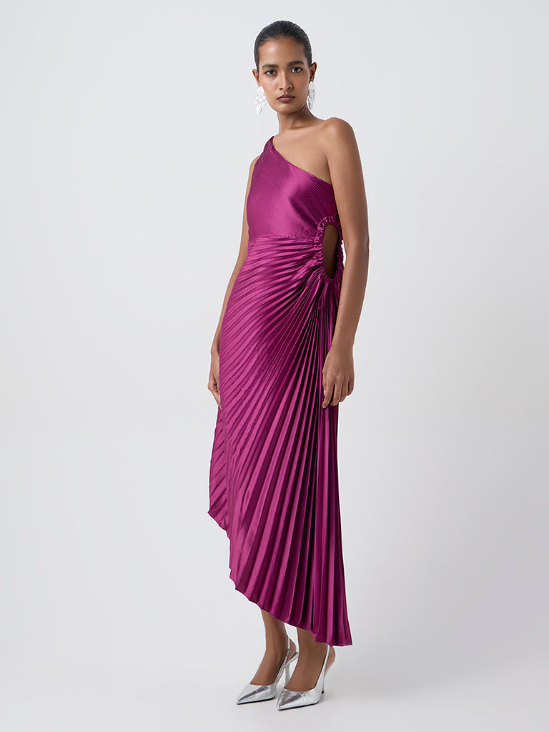 Wardrobe Magenta Pleated One-Shoulder Dress