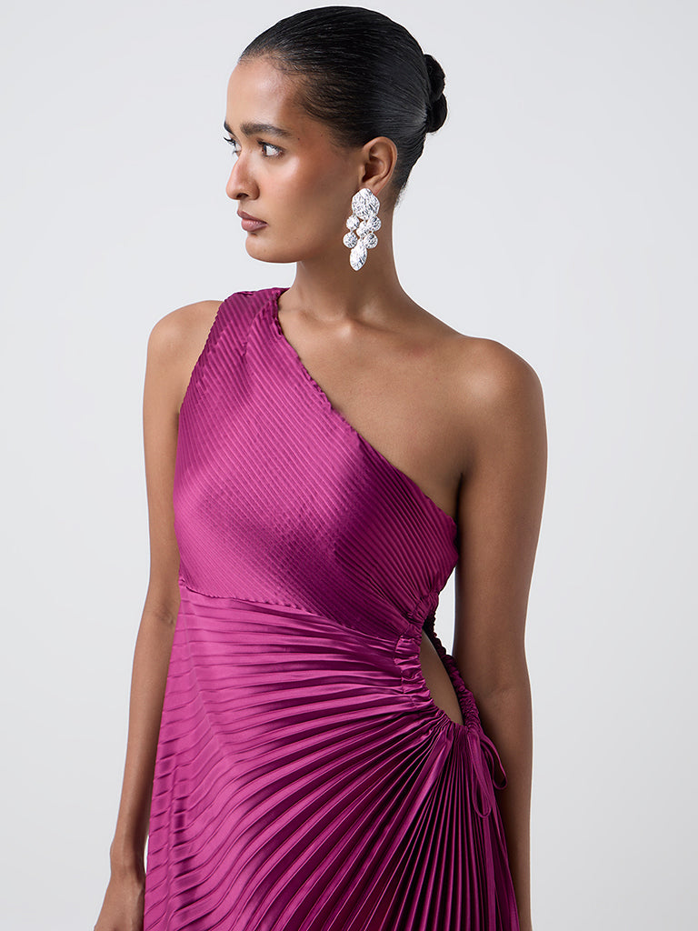 Wardrobe Magenta Pleated One-Shoulder Dress