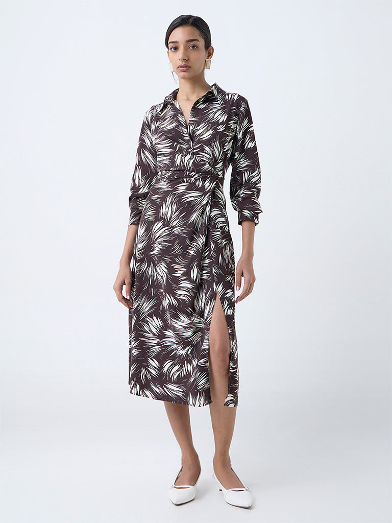 Wardrobe Brown Printed Ruched A-Line Dress