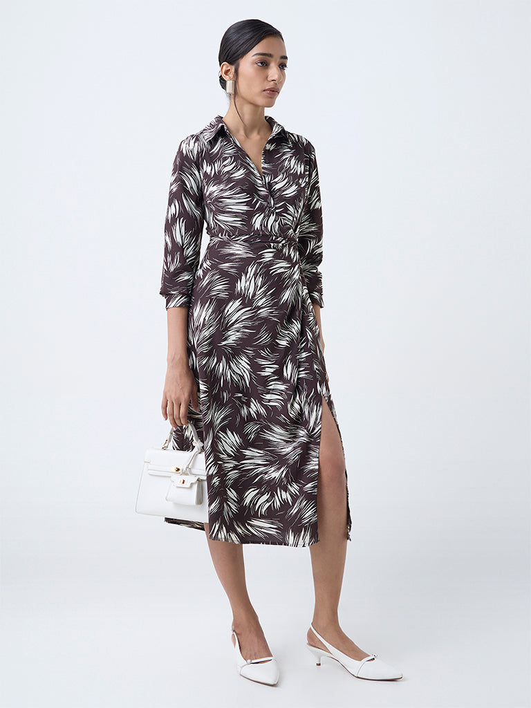 Wardrobe Brown Printed Ruched A-Line Dress