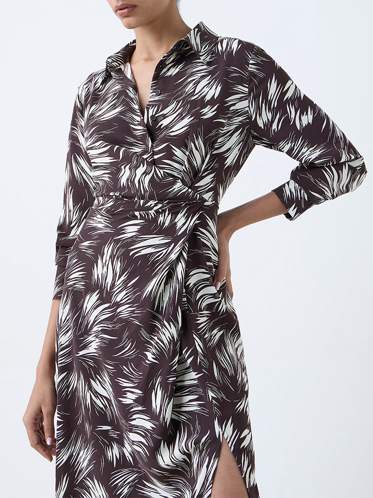 Wardrobe Brown Printed Ruched A-Line Dress