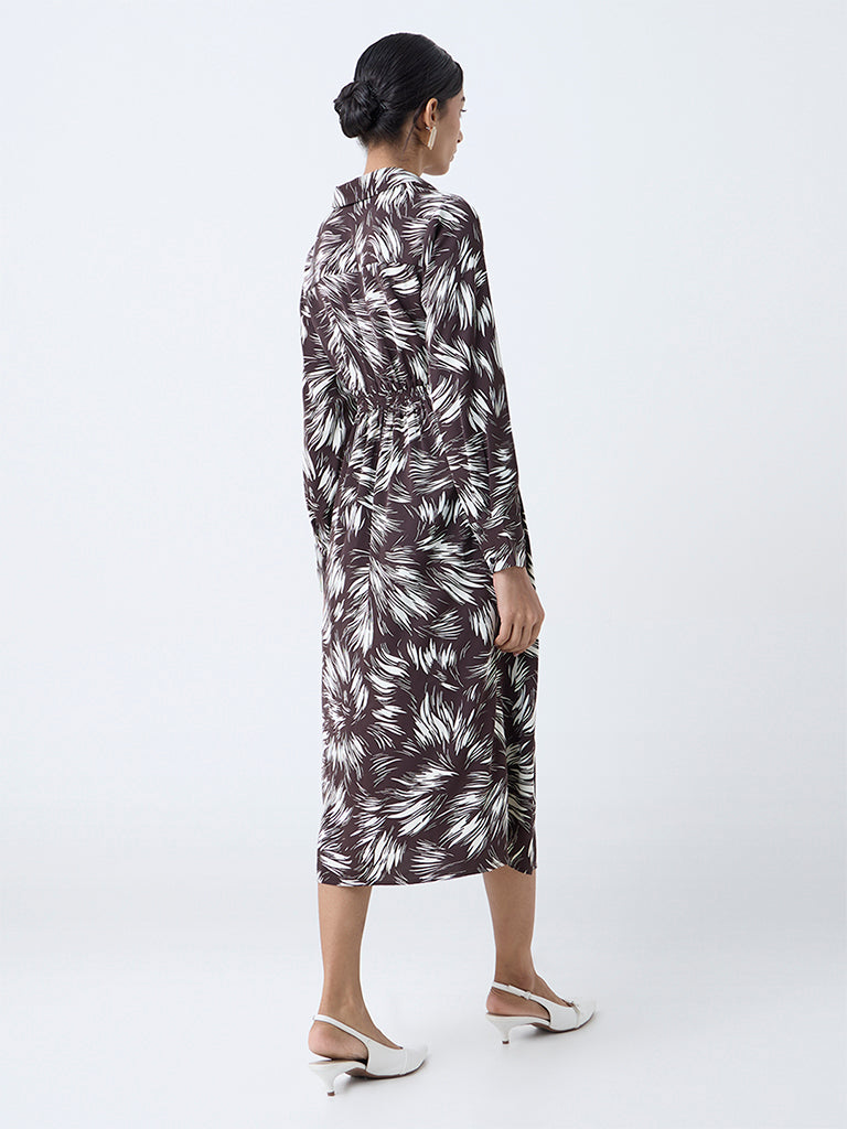 Wardrobe Brown Printed Ruched A-Line Dress