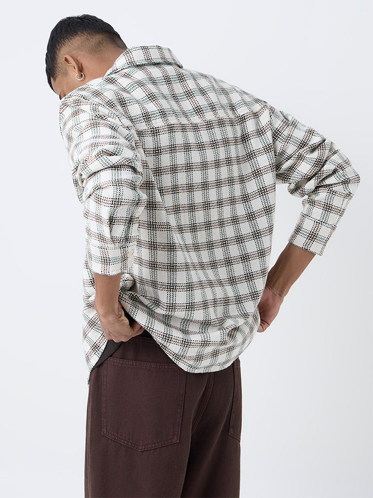 Nuon Off-White Check Design Relaxed-Fit Cotton Shirt