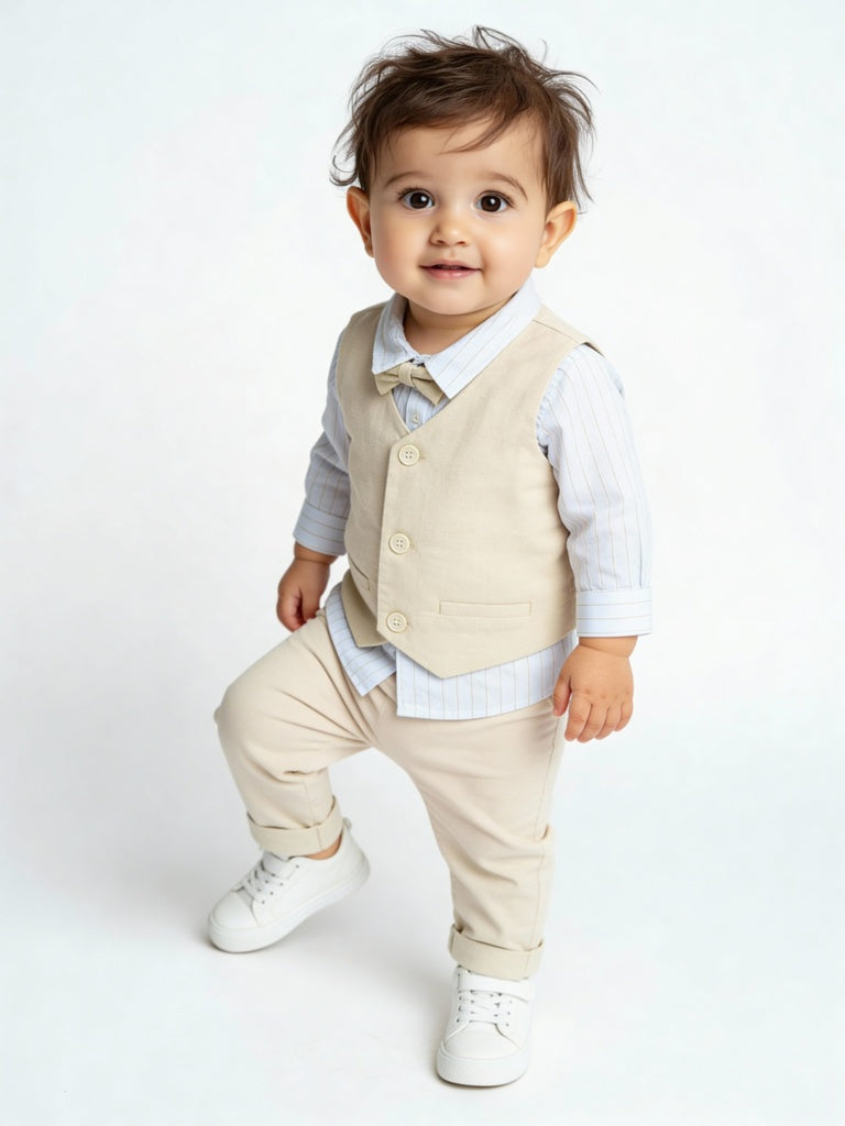 HOP Baby Boys Beige Solid Cotton Shirt, Waistcoat, Pants and Bow Set
