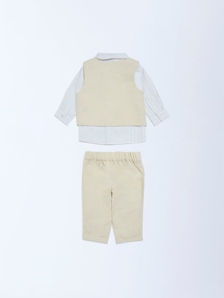 HOP Baby Beige Solid Cotton Shirt, Waistcoat, Pants and Bow Set