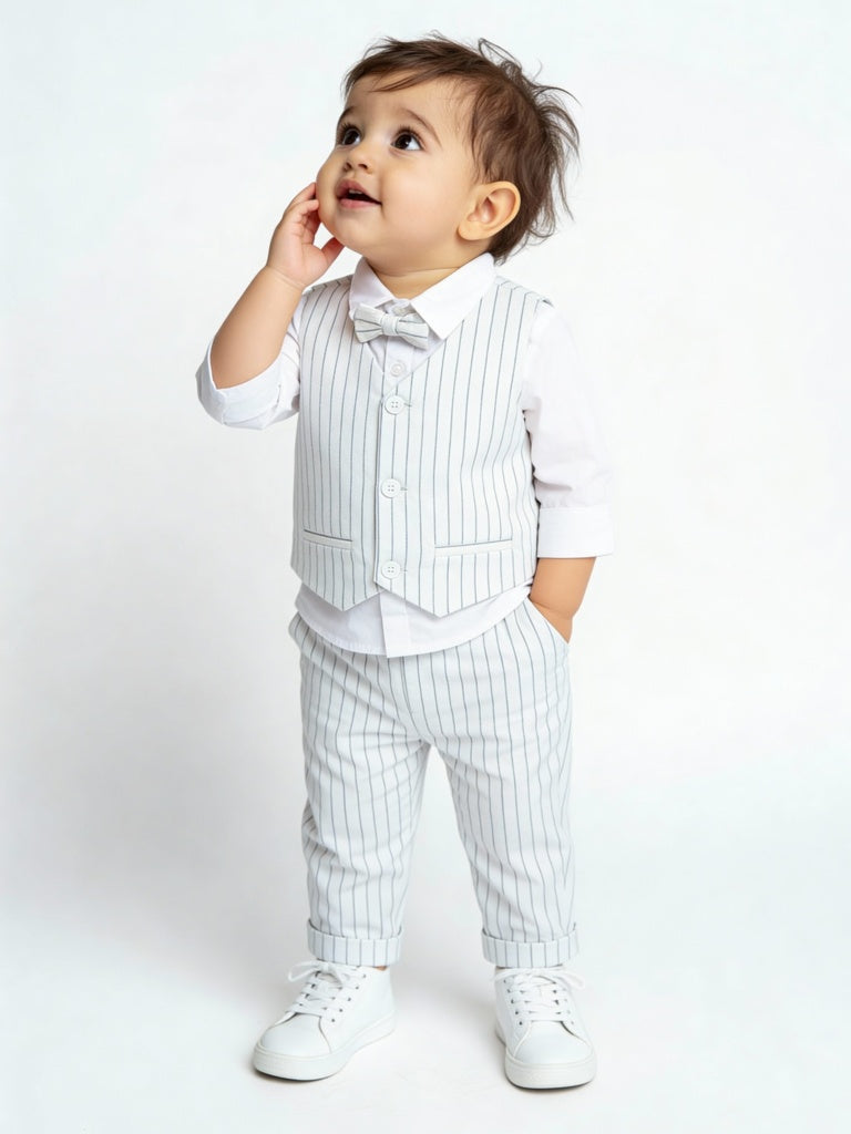 HOP Baby Boys Blue Striped Cotton Shirt, Waistcoat, Trousers & Bow Set