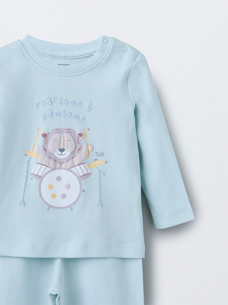 HOP Baby Mint Animal Design Cotton T-Shirt with Pants Set