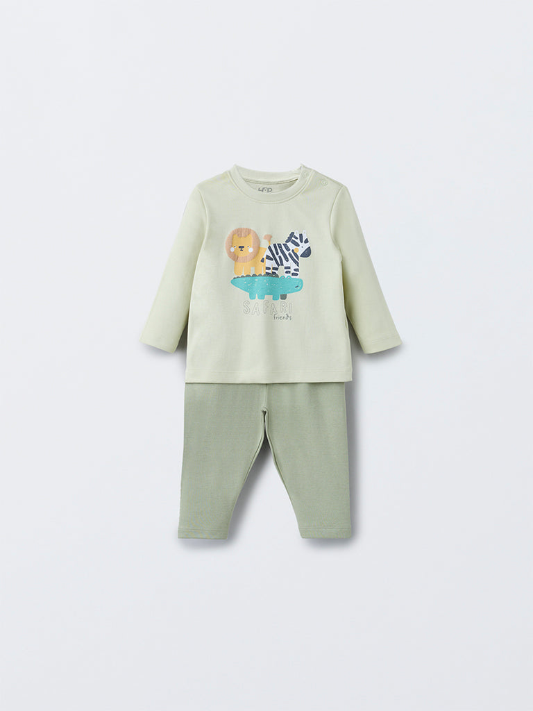 HOP Baby Sage Animal Design Cotton T-Shirt with Pants Set