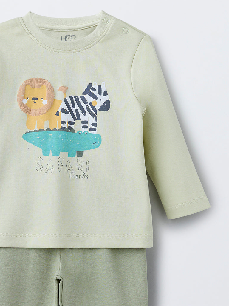 HOP Baby Sage Animal Design Cotton T-Shirt with Pants Set