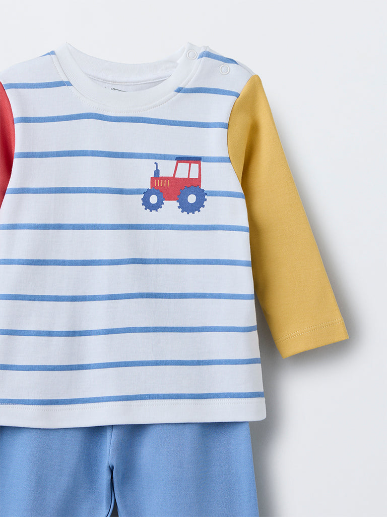 HOP Baby Boys Multicolour Striped Cotton T-Shirt with Pants Set