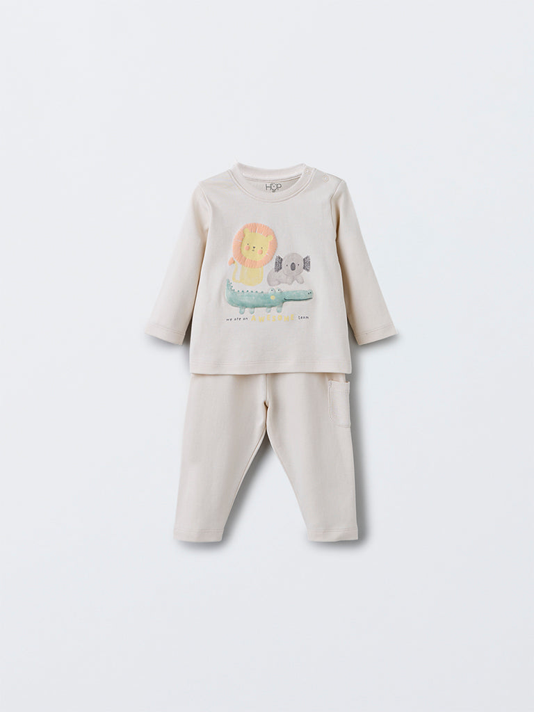 HOP Baby Boys Beige Animal Printed Cotton T-Shirt with Pants Set