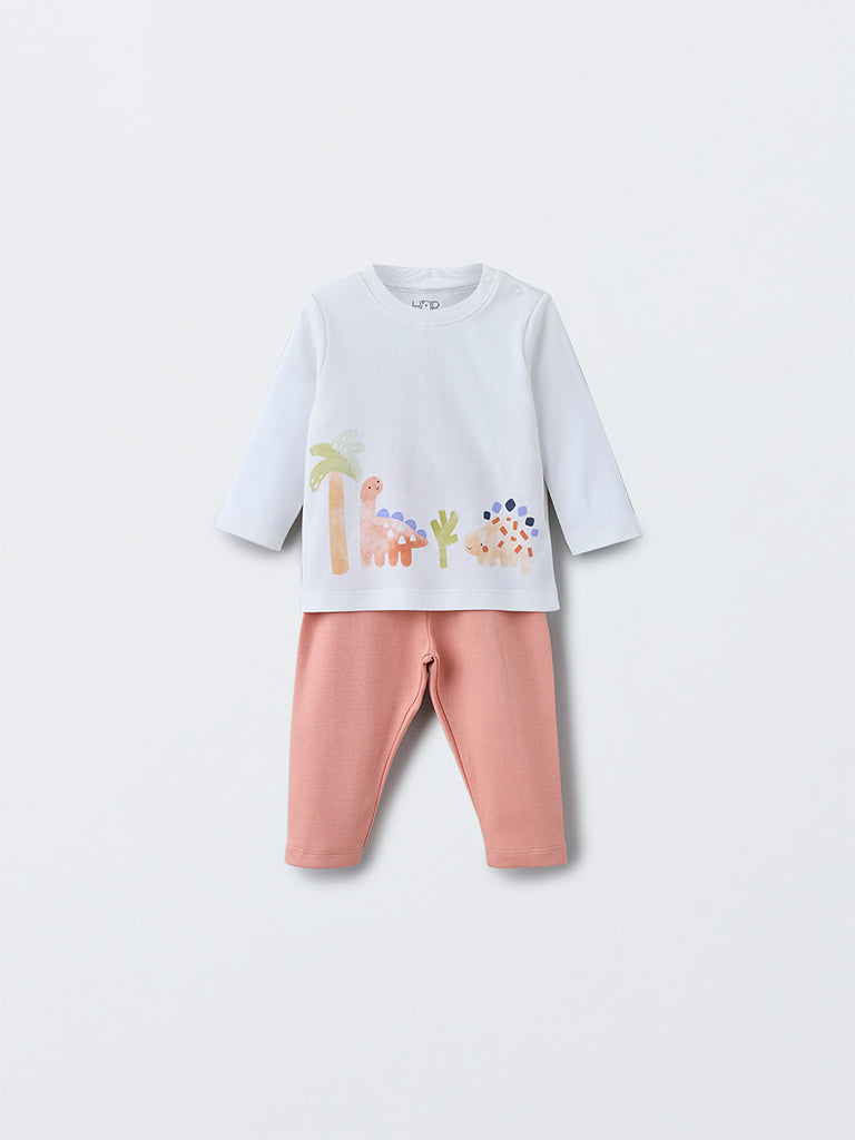 HOP Baby White Dinosaur Design Cotton T-Shirt with Pants Set