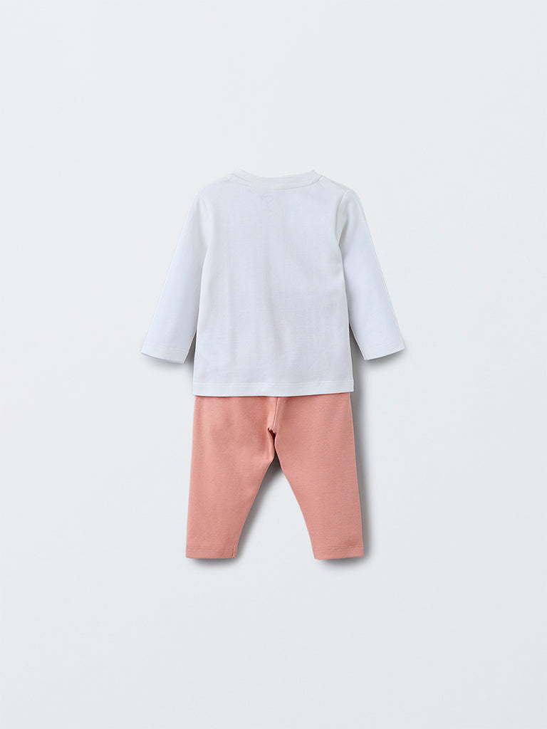 HOP Baby White Dinosaur Design Cotton T-Shirt with Pants Set