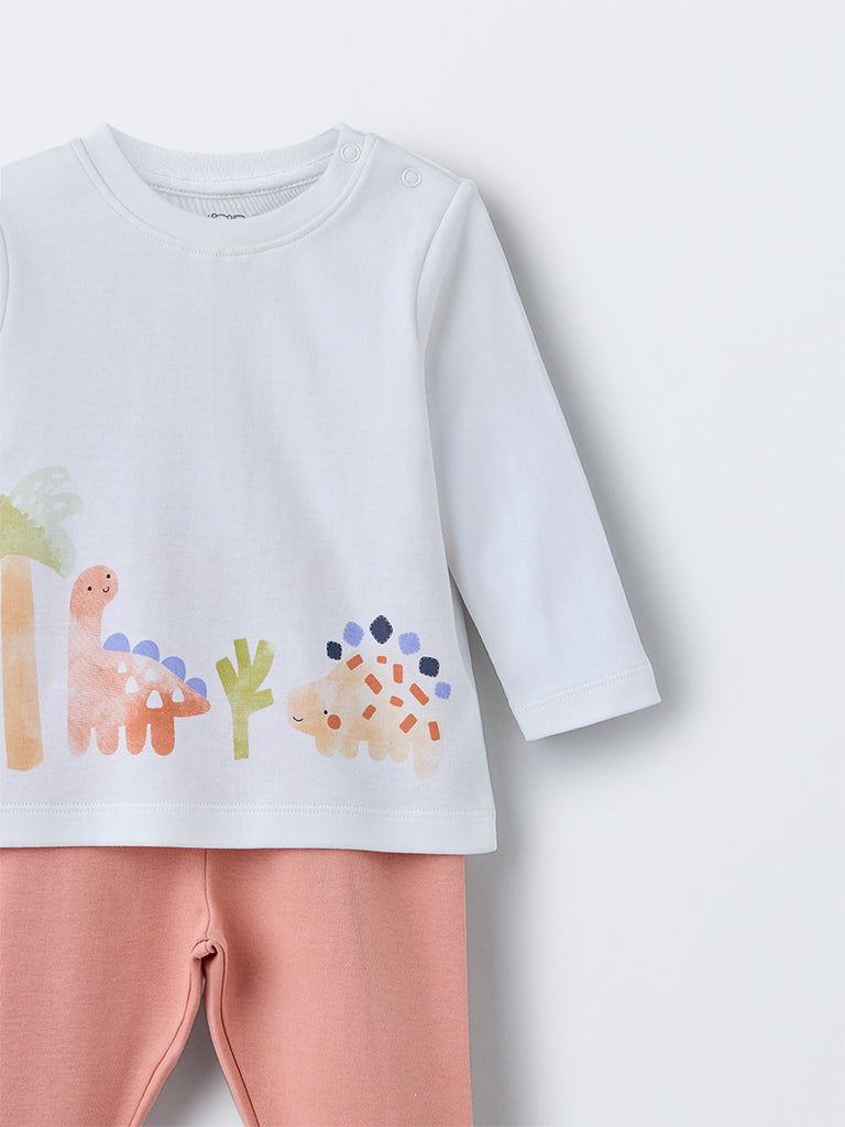 HOP Baby White Dinosaur Design Cotton T-Shirt with Pants Set