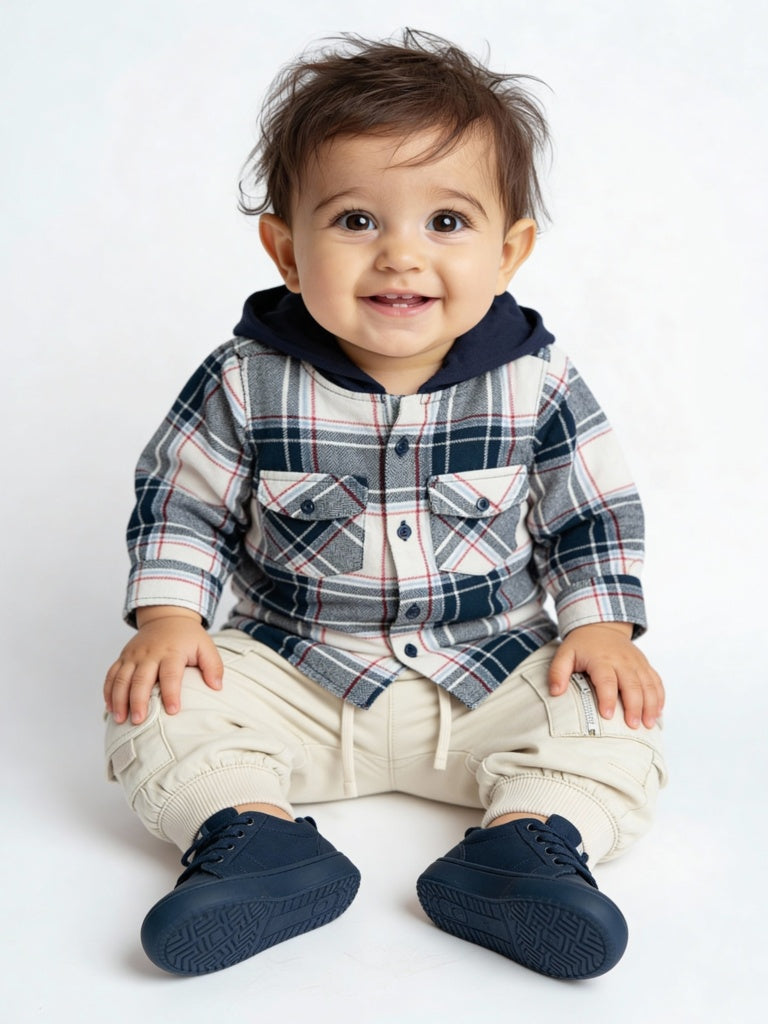 HOP Baby Boys Navy Checkered Hooded Cotton Shirt
