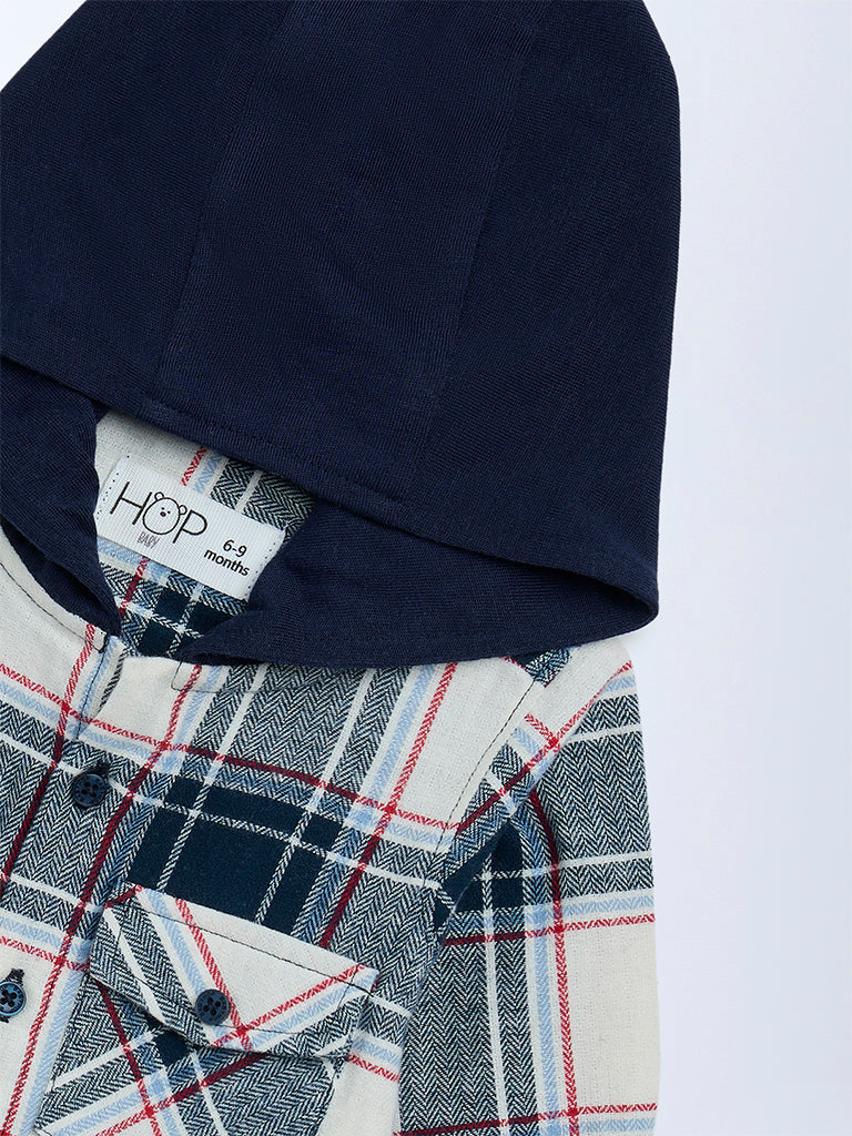 HOP Baby Boys Navy Checkered Hooded Cotton Shirt