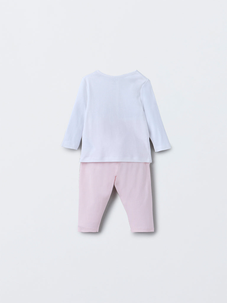 HOP Baby Pink Floral Design Cotton T-Shirt with Pants Set