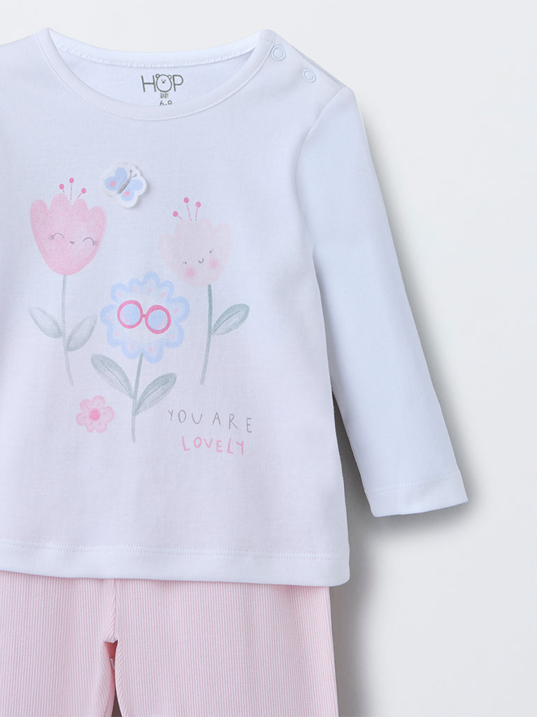 HOP Baby Pink Floral Design Cotton T-Shirt with Pants Set
