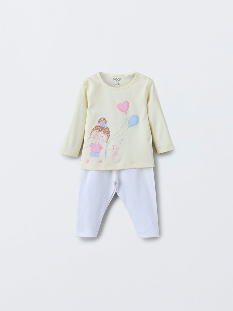 HOP Baby Yellow Printed Cotton T-Shirt with Pants Set