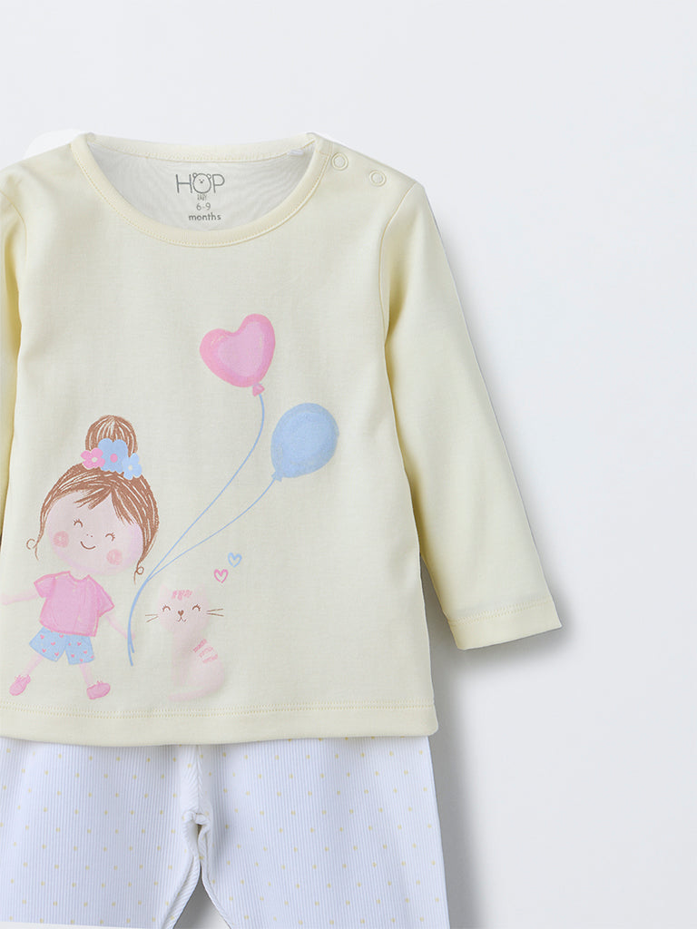 HOP Baby Yellow Printed Cotton T-Shirt with Pants Set