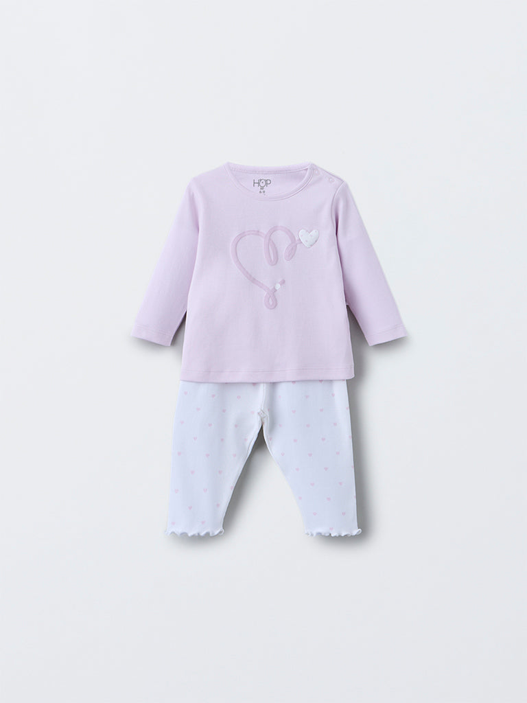HOP Baby Lilac Heart Printed Cotton T-Shirt with Pants Set