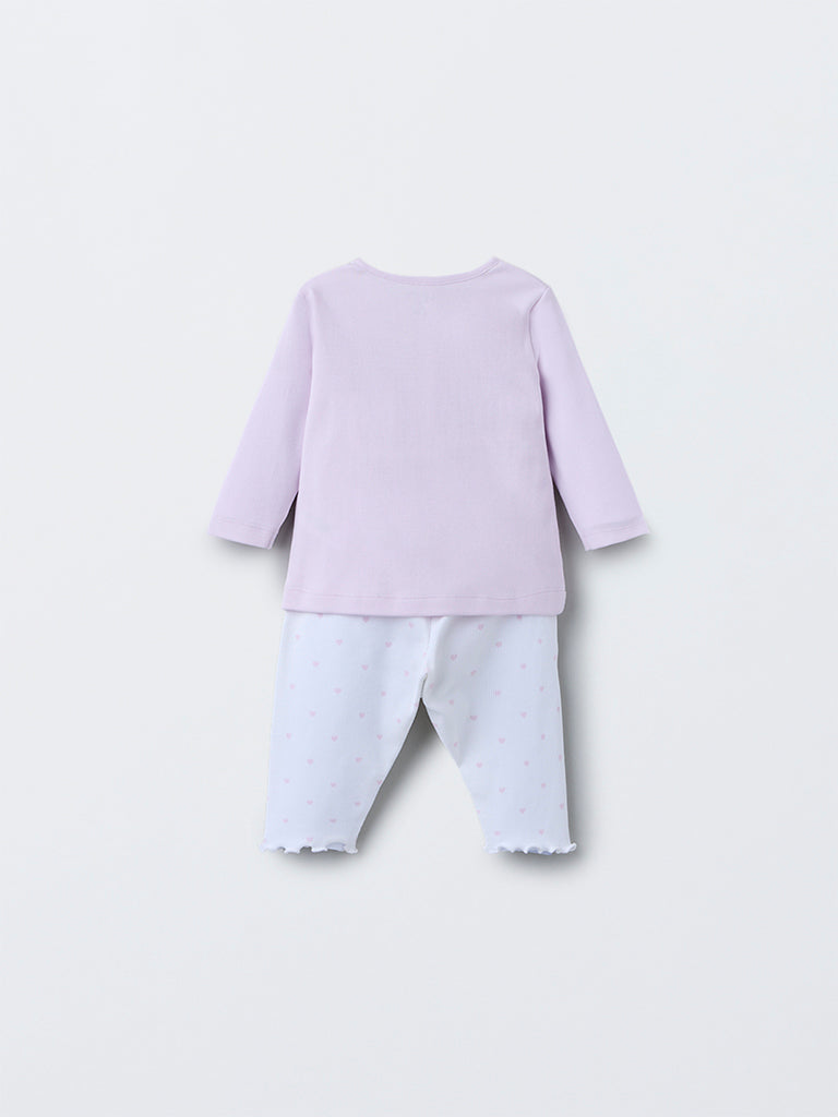 HOP Baby Lilac Heart Printed Cotton T-Shirt with Pants Set
