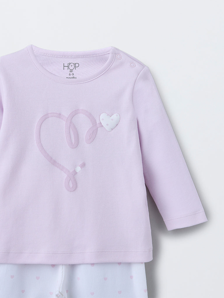 HOP Baby Lilac Heart Printed Cotton T-Shirt with Pants Set