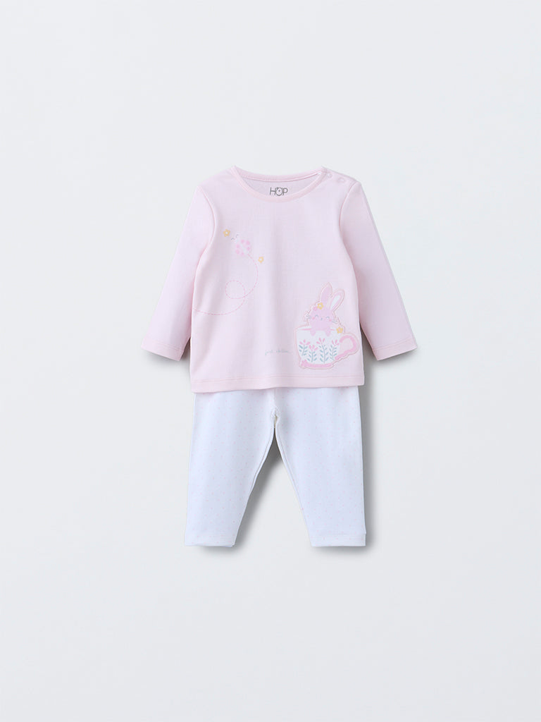 HOP Baby Pink Printed Cotton T-Shirt with Pants Set
