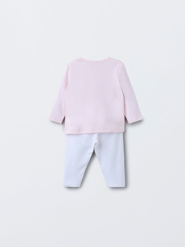 HOP Baby Pink Printed Cotton T-Shirt with Pants Set