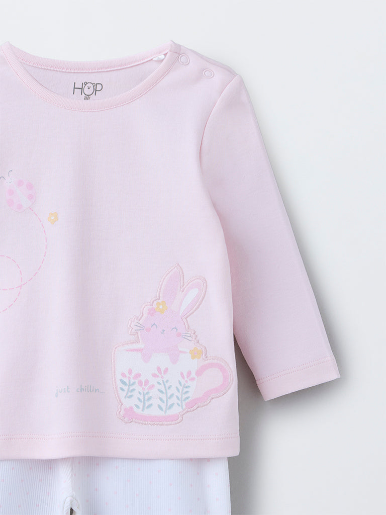 HOP Baby Pink Printed Cotton T-Shirt with Pants Set